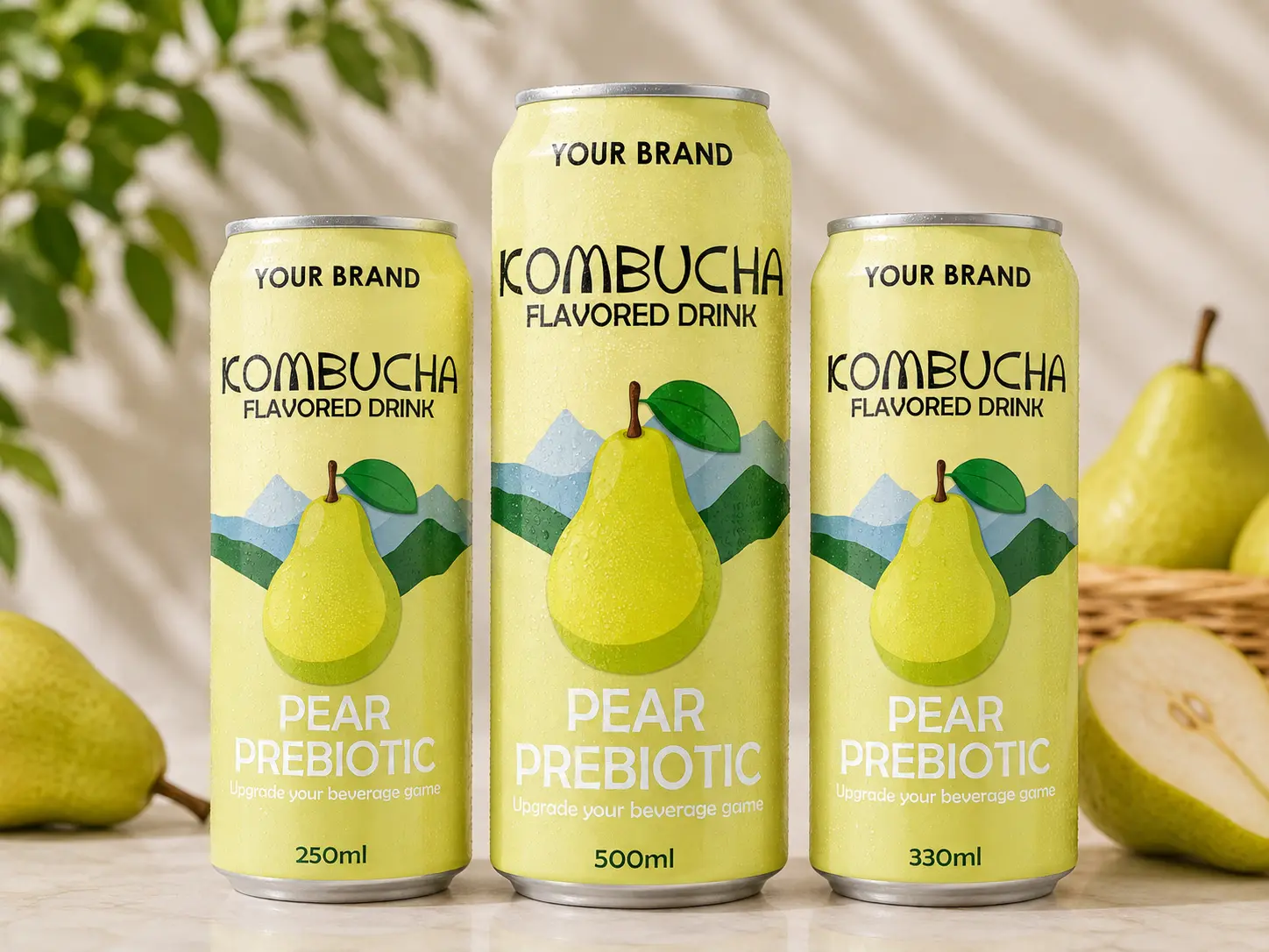 KOMBUCHA DRINK Pear Prebiotic in 250ml, 330ml and 500ml cans.